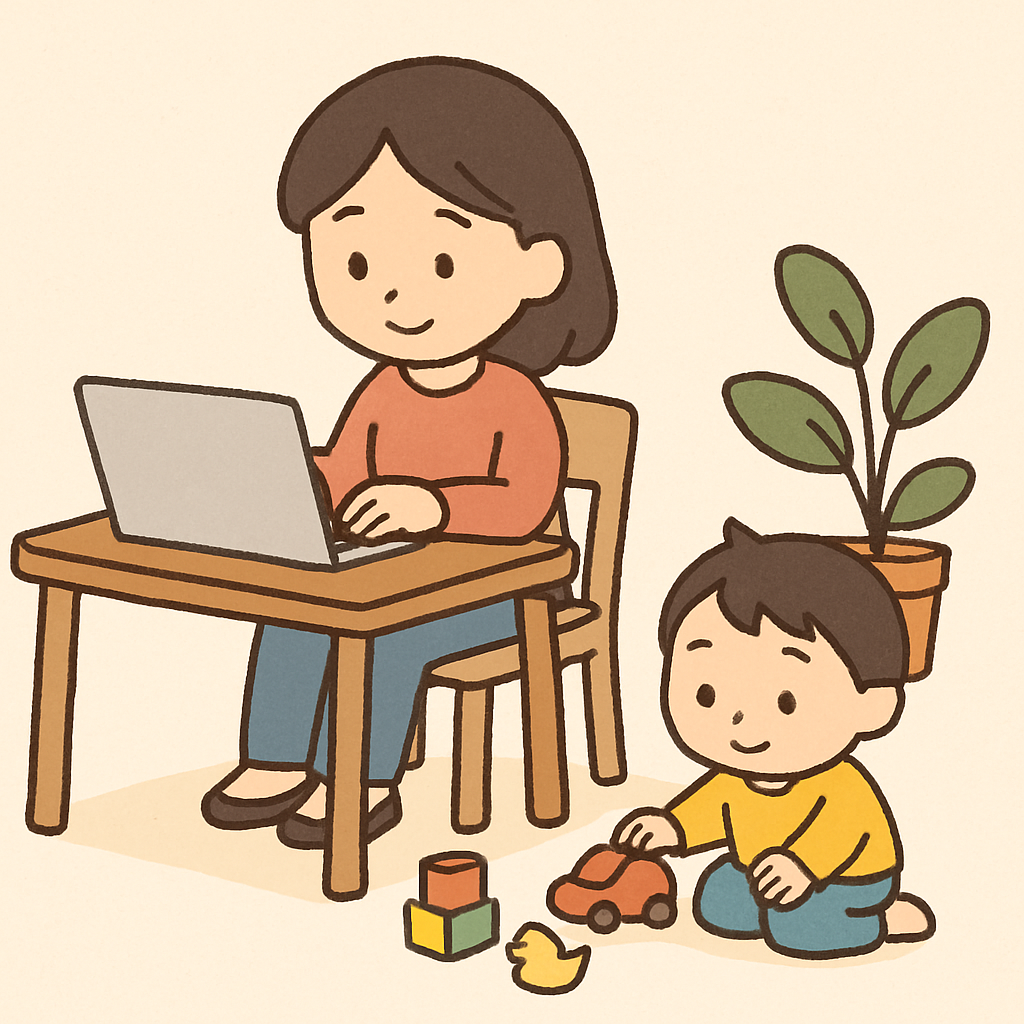 在宅ワークをする母親のイラスト - 育児と仕事の両立を表現したママワークライフブログ用画像