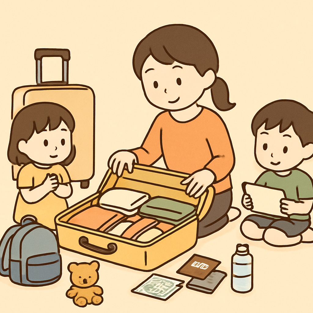 お盆帰省準備 ママと子供が荷物をまとめている様子